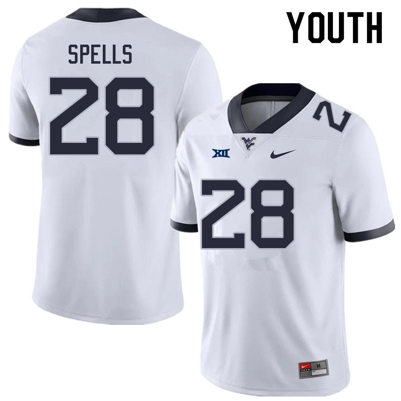 Youth #28 Jacolby Spells West Virginia Mountaineers College Football Jerseys Sale-White - Click Image to Close